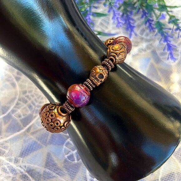 Vintage Boho Copper Beaded Skull Bracelet - Picture 1 of 14